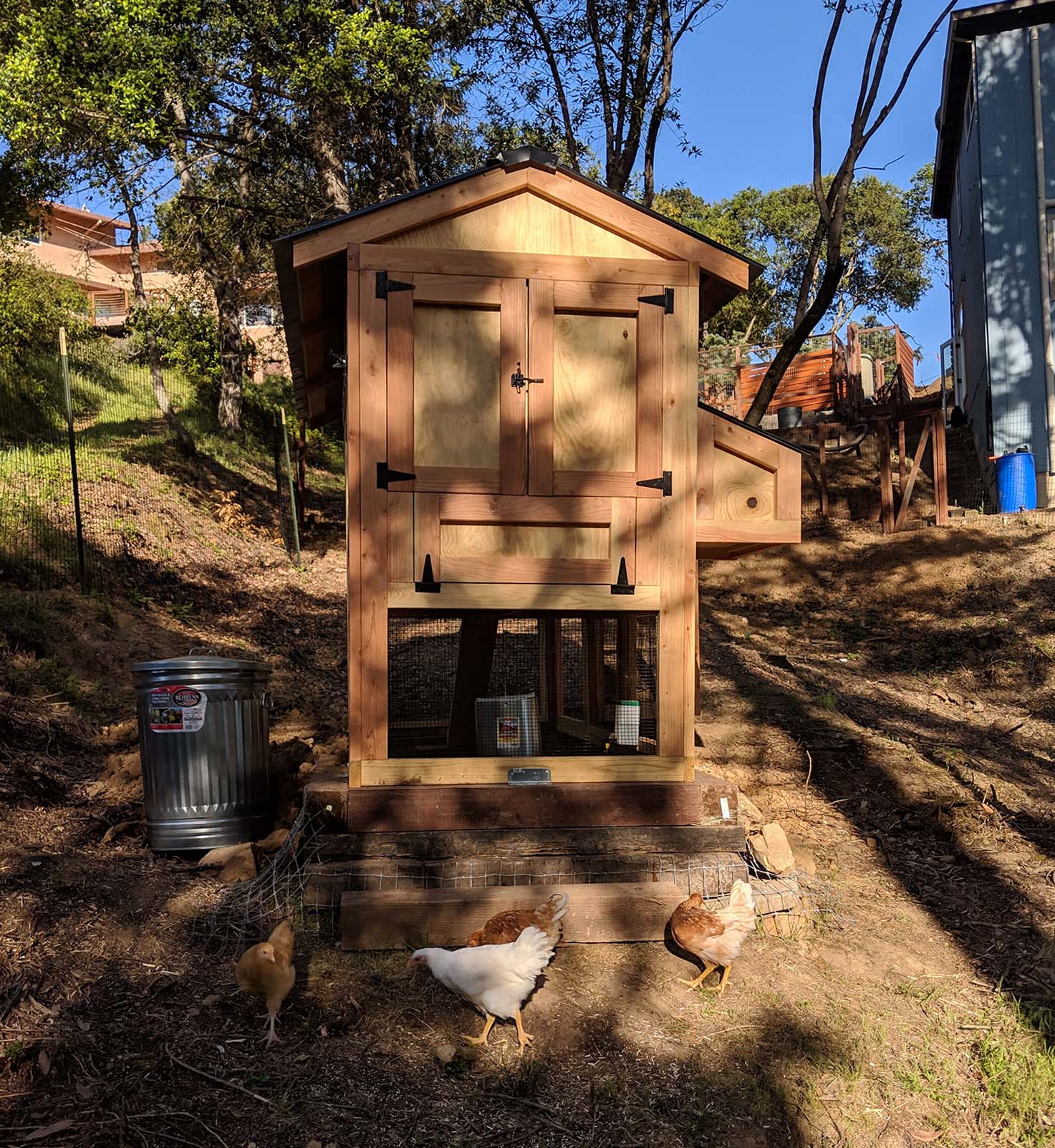 Back of a 4′ x 9′ California Coop with 3′ x 4′ henhouse in Santa Cruz, California