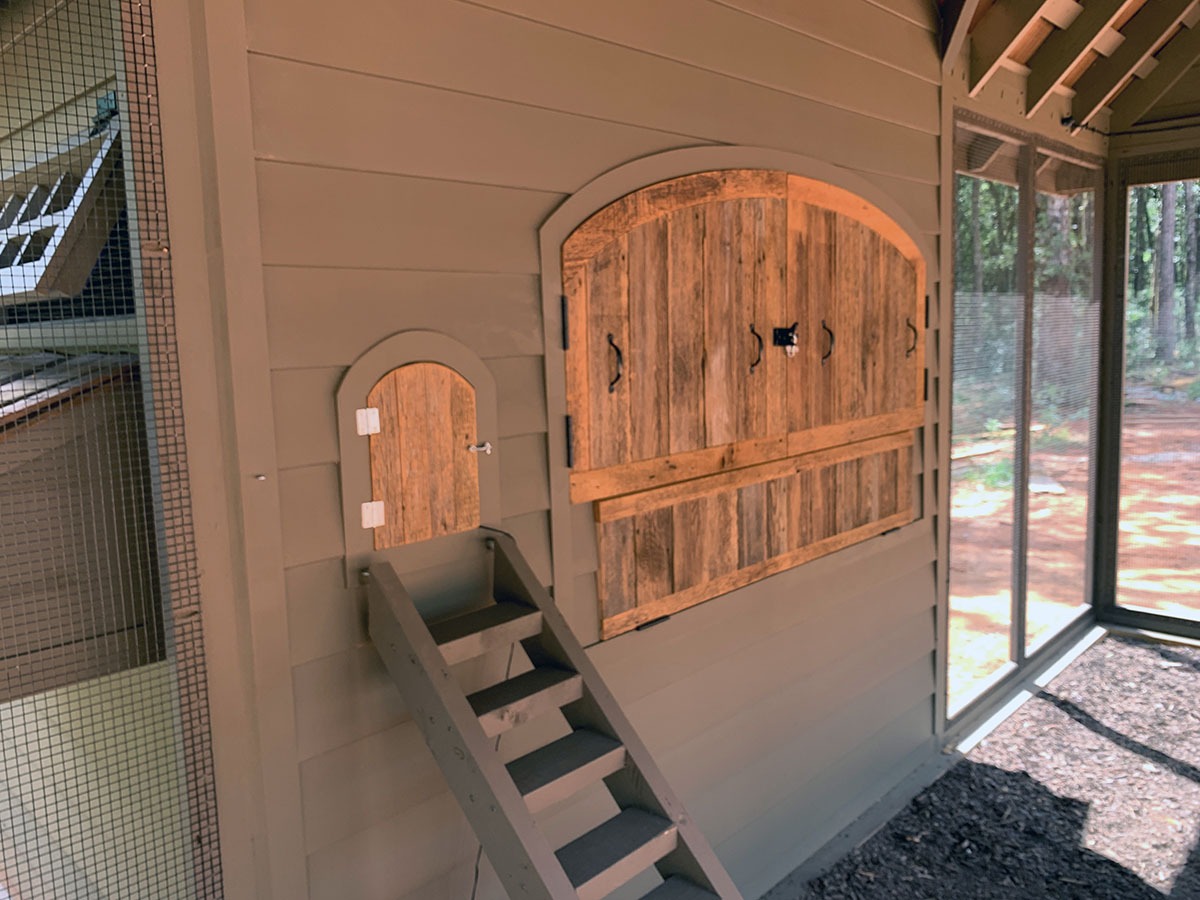 Custom Alabama Coop interior reclaimed barn wood henhouse doors