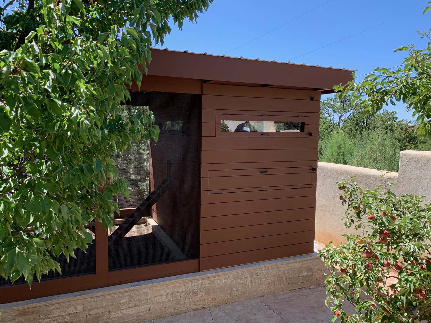 Henhouse exterior of a custom modern chicken coop with shiplap siding in Santa Fe, NM