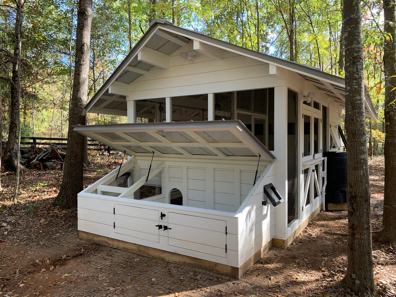 Front view of the modern farmhouse chicken and duck coop in South Carolina
