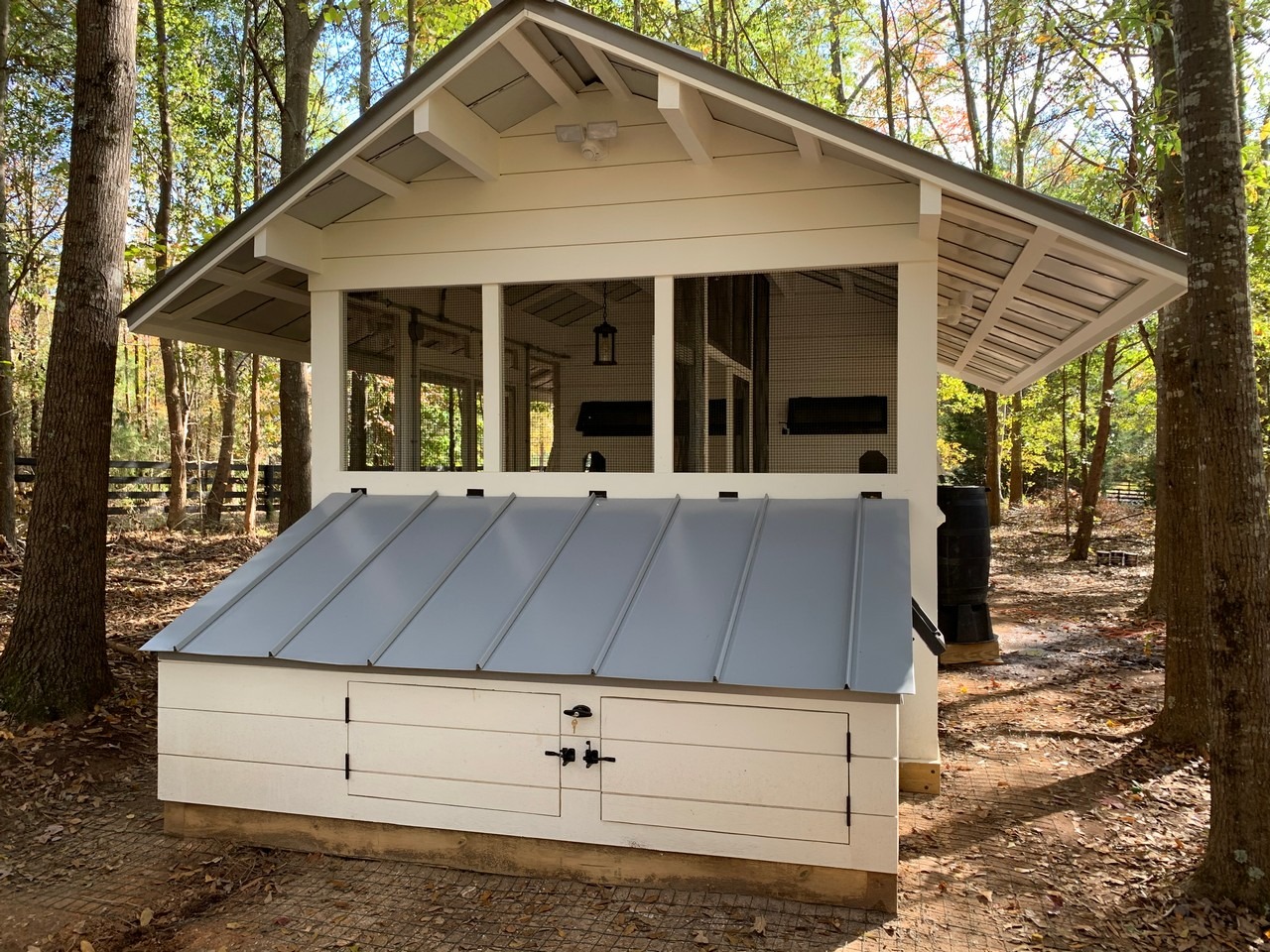 Front view of the modern farmhouse chicken coop and duck house in South Carolina