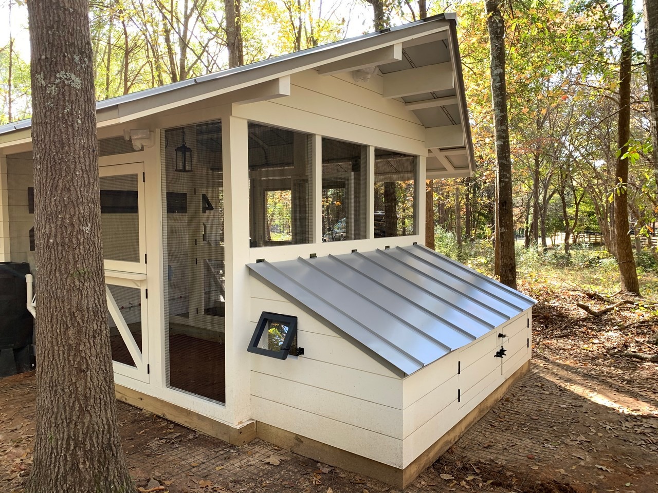 Side view of duck house of the modern farmhouse custom chicken and duck coop