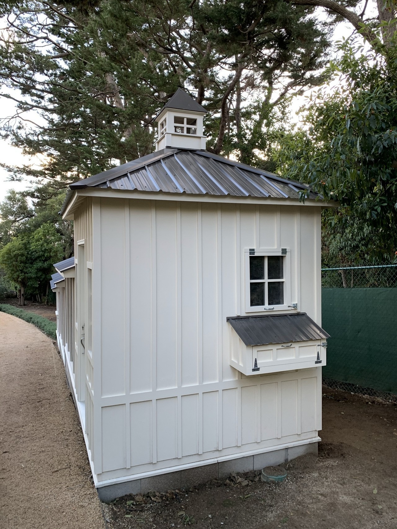 back of the shed-henhouse combo of a custom Craftsman chicken coop in Santa Barbara, CA