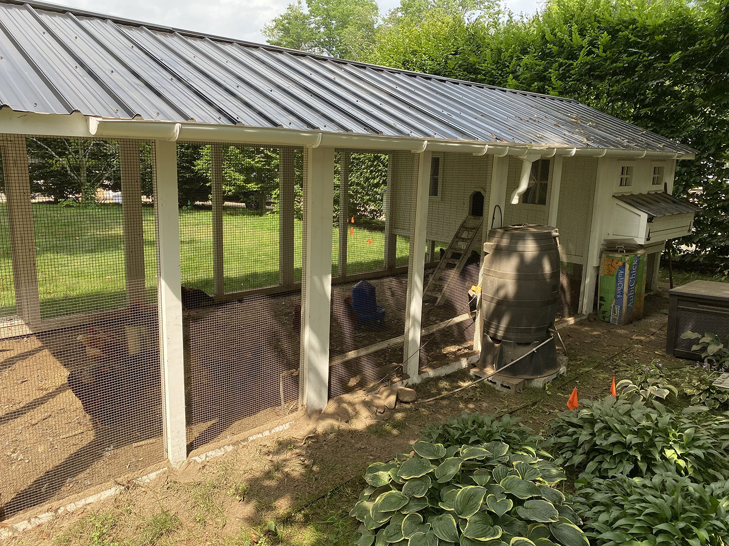 10’x24′ Carolina Coop in Peterborough, NH with sandwiched walls and rain barrel poultry water system