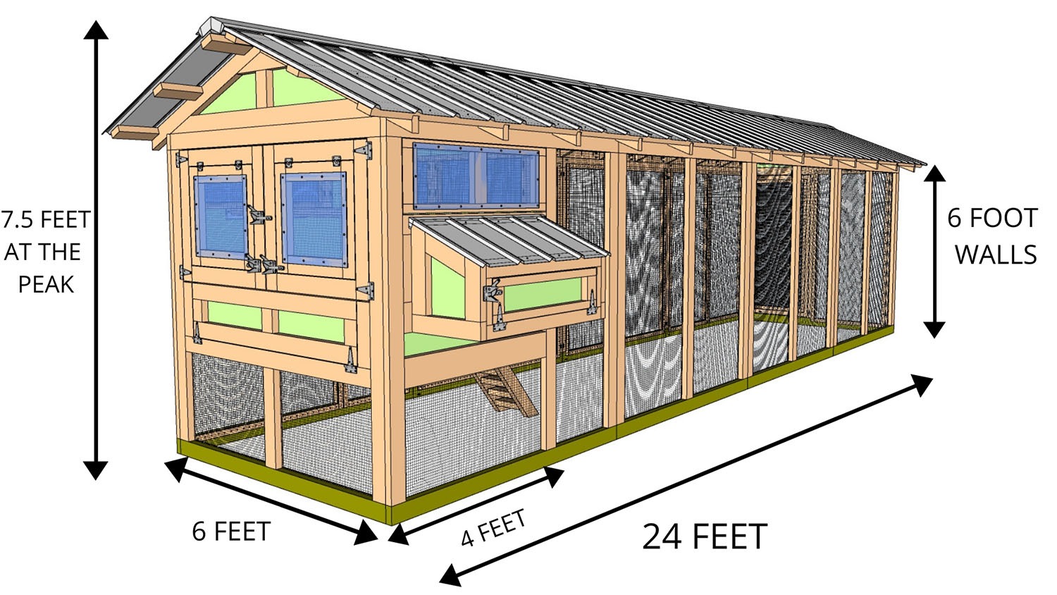 6'X24' American Coop with 4'x6' henhouse back view