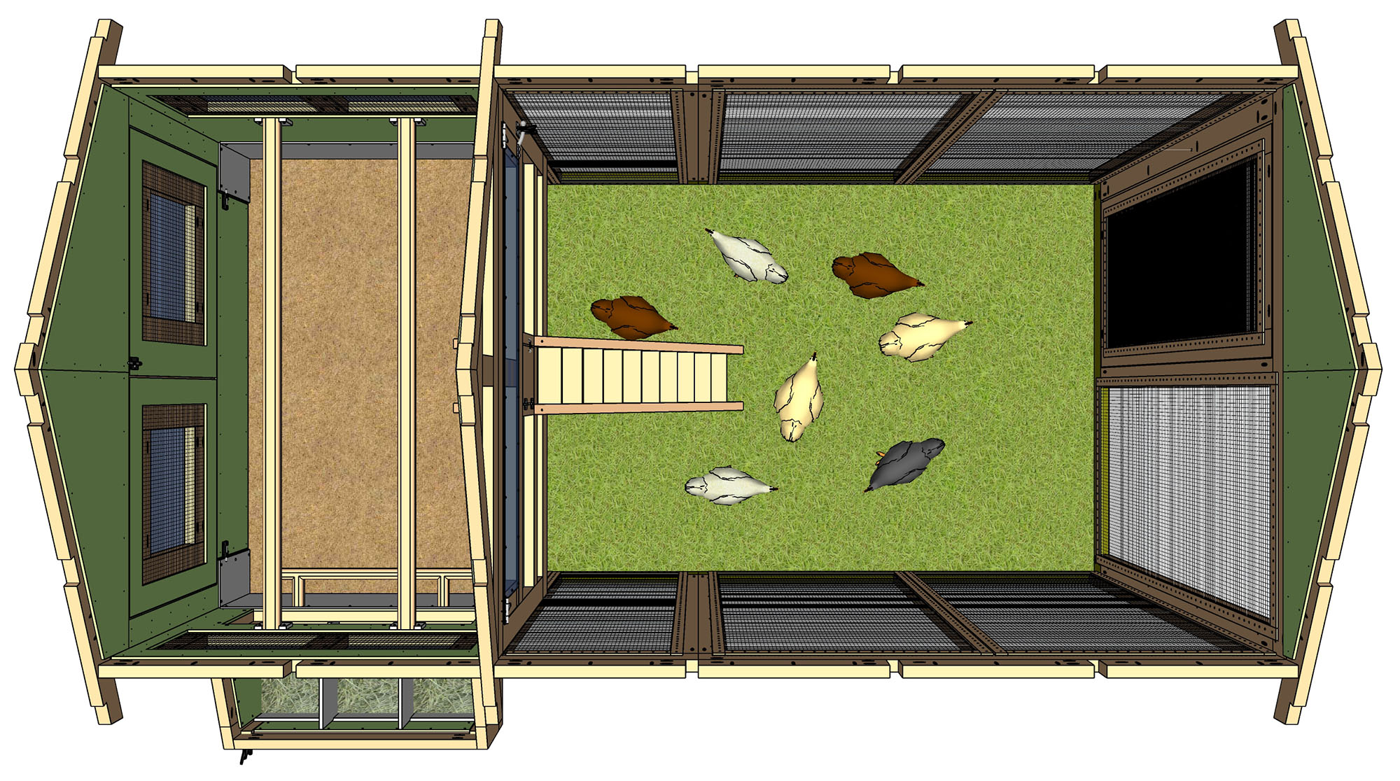 Overhead view shows 7 chickens in the run of a 6'x12' American Coop