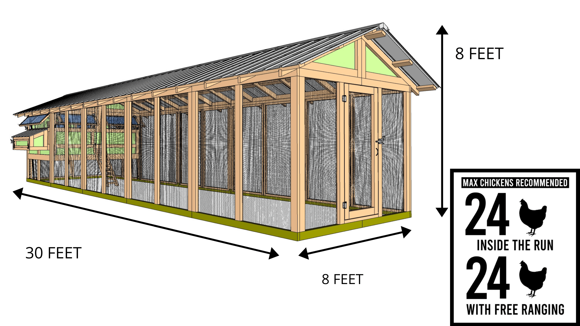 8'x30' American Coop with 6'x8' henhouse with chicken amounts
